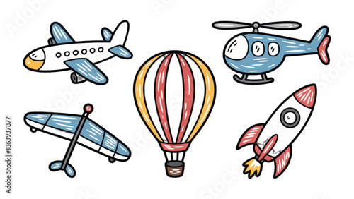 Skyward Dreams: A vibrant collection of whimsical aviation vehicles, each ready to soar to new heights, igniting imagination and dreams of travel and adventure.