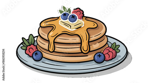 Stacked Delight: A close-up shot of a stack of fluffy pancakes, drizzled with sweet syrup and adorned with fresh berries and a pat of butter, all nestled on a ceramic plate, a delicious visual feast.