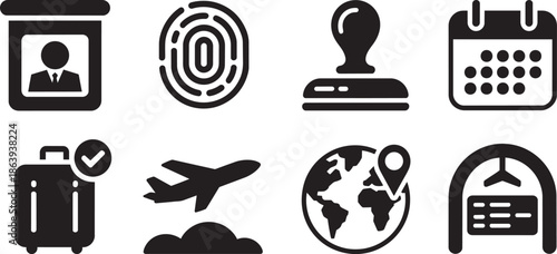 Set of travel document and transportation icons depicting identification security and scheduling elements