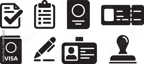 Assortment of travel administration icons showing necessary paperwork visa processing and identification verification