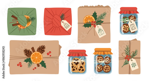 Festive holiday gifts and treats with cookies and decorations