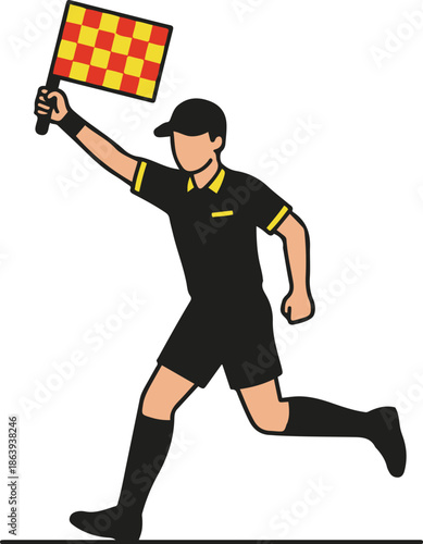 Vector illustration of a soccer assistant referee or linesman running along the sideline and raising a red and yellow checkered flag to signal during a match.