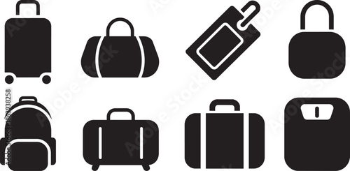 Collection of travel and luggage icons representing baggage transportation and travel accessories