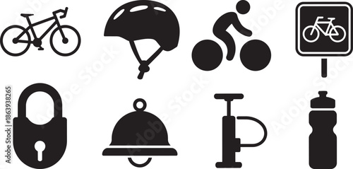 Cycling sport activity and biking accessories icons set safety helmet pump padlock bicycle symbols