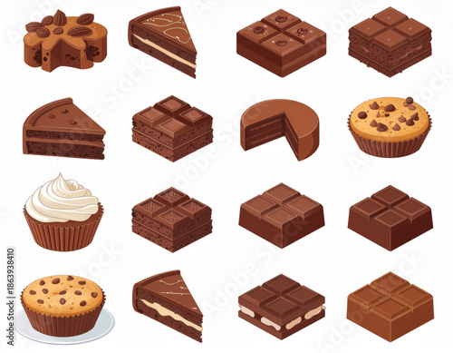 Chocolate Dessert Vector Set Brownies Cake Cupcakes