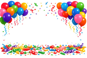 Party balloons, streamers, and confetti creating a festive border for a happy celebration, isolated on a transparent background