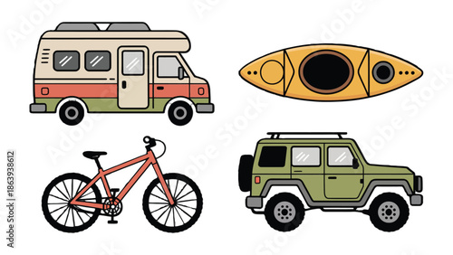 Adventure Essentials: A set of essential travel and outdoor equipment. Including a campervan, kayak, bicycle, and a SUV, perfectly suited for exploration.