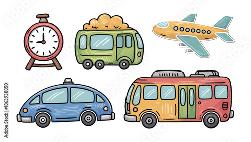 Cartoon Transport Collection: A colorful collection of cartoon transport including a plane, a taxi, a bus and a clock. Ideal for projects related to travel, time, and mobility. 