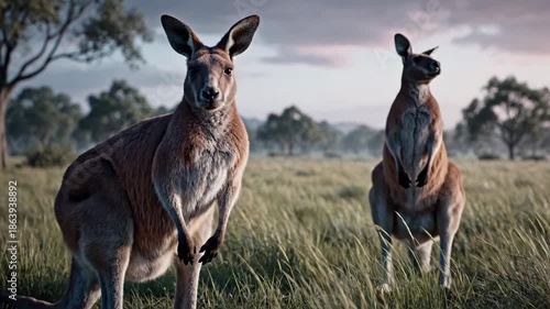 Two kangaroos standing in a field.