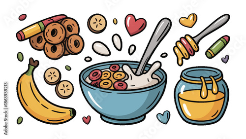 Breakfast Delight Illustration: A vibrantly illustrated breakfast scene, featuring a bowl of cereal, banana slices, honey, and other tasty treats.