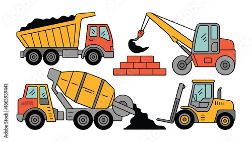 Construction Site Vehicles: Depicting an array of construction vehicles, highlighting the tools of the trade used in building and development. It offers a glimpse into the mechanics and function. 