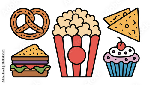 Snack Assortment: A mouthwatering assortment of culinary delights including a pretzel, a sandwich, a serving of popcorn, nachos and a cupcake. Each item, bursting with deliciousness.
