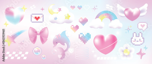 Happy valentine's Day Blurred Y2K gradient element vector set. Trendy shape, heart, flower, pixel art, bubble, cloud, shooting star, lover letter. Abstract y2k illustration for print, card, decor.