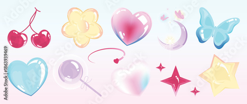 Happy valentine's Day Blurred Y2K gradient element vector set. Glossy shape, flower, star, cherry, butterfly, bubble, moon, heart, lollipop, candy. Abstract y2k illustration for print, card, decor.