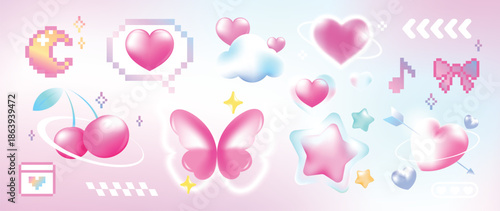 Happy valentine's Day Blurred Y2K gradient element vector set. Trendy shape, moon, star, cherry, butterfly, bubble, pixel art, cloud, speech bubble. Abstract y2k illustration for print, card, decor.