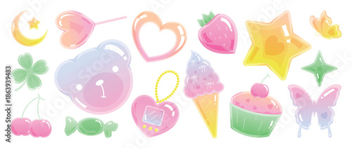 Happy valentine's Day Y2K gradient element vector set. Glossy shape, star, cupcake, bear, cherry, ice cream, butterfly, clover, moon, heart, candy. Abstract y2k illustration for print, card, decor.
