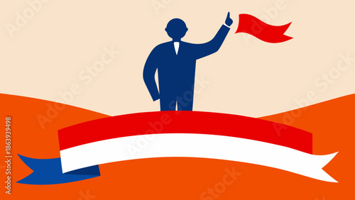 A confident and inspirational flat vector illustration depicting a leader silhouette raising a red flag above a red and white banner, symbolizing victory and strong leadership
