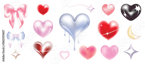 Happy valentine's Day Y2K blurred gradient element vector set. Trendy heart shaped, metallic, melting heart, moon, shooting star, sparkle, ribbon. Futuristic y2k illustration for print, card, decor.
