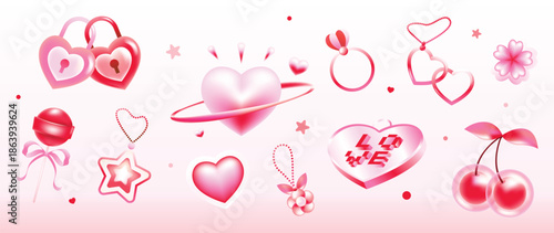Happy valentine's Day Y2K blurred gradient element vector set. Trendy red shaped, heart, lock, cherry, love keychain, lollipop, candy, star, flower Abstract y2k illustration for print, card, decor.