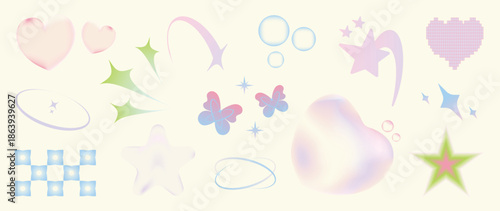 Happy valentine's Day Y2K blurred gradient element vector set. Trendy shapes, heart, bubble, pixel art, shooting star, butterfly, flower Abstract y2k illustration for print, card, decor.
