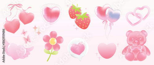 Happy valentine's Day Y2K blurred gradient element vector set. Trendy shapes, heart keychain, teddy bear, flower, strawberry, balloon, butterfly, pixel art. Abstract y2k illustration for print, card.