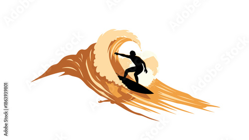 Dynamic surfing silhouette: surfer riding a wave in abstract design