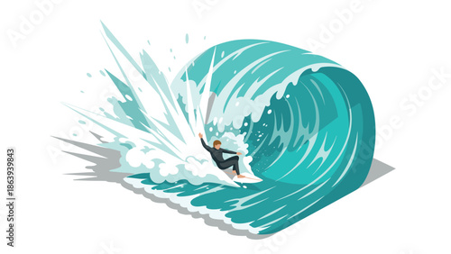 Dynamic surfing adventure with big wave and ocean splash in flat design