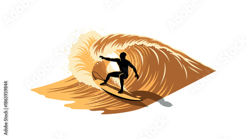 Dynamic surfing adventure with surfer riding giant wave in silhouette artwork