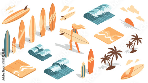 Beach vibes with surfboards, waves, and sun in isometric style