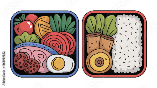 A Culinary Duo: An artful illustration showcases two meticulously arranged lunch boxes, each brimming with an array of colorful and appetizing foods.