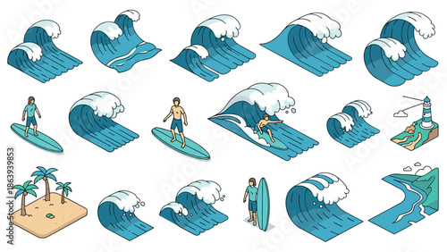 Isometric surfing adventure: waves, surfboards, and coastal scenery
