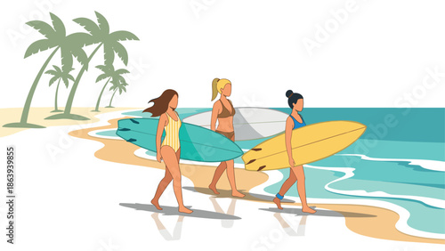 Beach adventure: three women walking with surfboards by the ocean