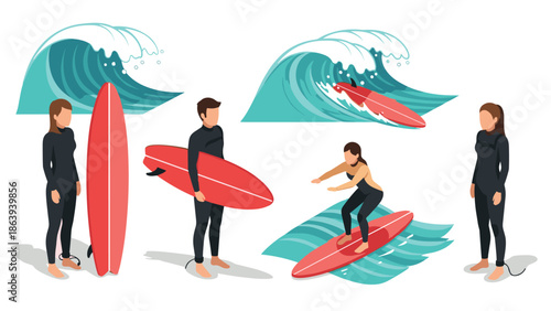 Isometric surfing scene with surfers, boards, and ocean waves in action