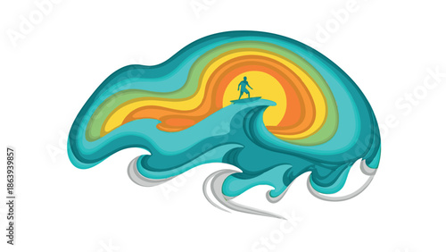 Surfer riding wave in colorful paper cut art with sunset background