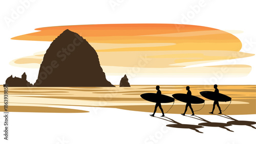Surfers at sunset on the beach with scenic rock formation silhouette