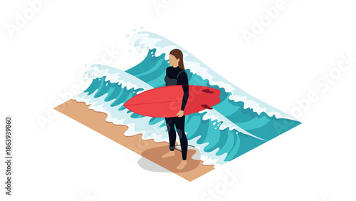 Ocean waves and surfboard adventure in isometric beach scene