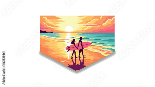 Colorful silhouette of surfers at sunset on vibrant beach