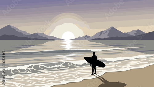 Sunset surf adventure: silhouette of surfer on beach with mountain view