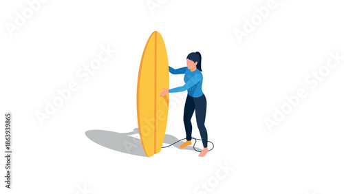 Surfer woman with surfboard in minimalist isometric design
