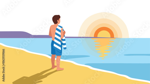 Man watching sunrise by the beach in minimalist style