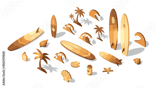 Isometric tropical beach elements with gold surfboards and sea icons