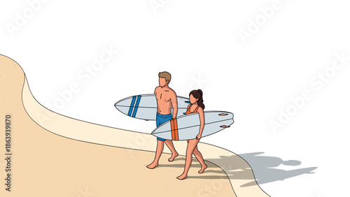 Isometric surfers walking on beach with surfboards