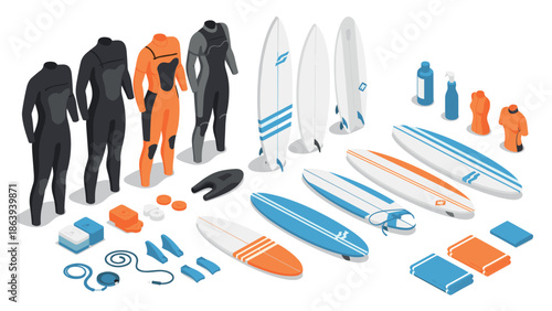Isometric surf gear set with wetsuits, boards, and accessories in blue and orange