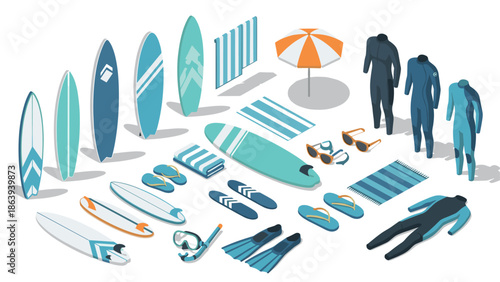 Isometric surf equipment collection: boards, wetsuits, and beach accessories in blue tones