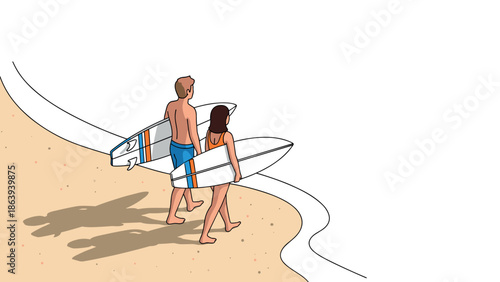 Beach adventure: surfers walking with boards by the shore in minimalist art