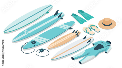 Surfing equipment collection with boards and accessories in isometric style