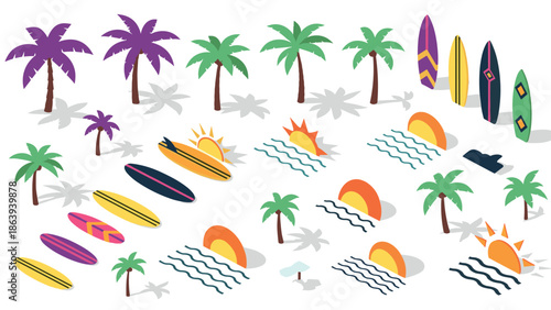 Tropical beach vibes with colorful surfboards and palm trees in flat cartoon style