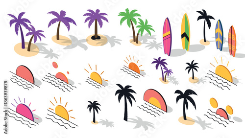 Tropical beach vibes with palm trees, surfboards, and sunsets in flat style