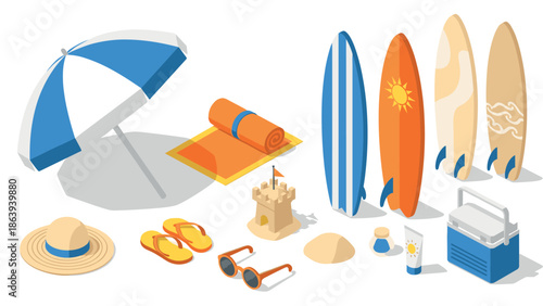 Isometric beach essentials with surfboards, umbrella, and summer accessories