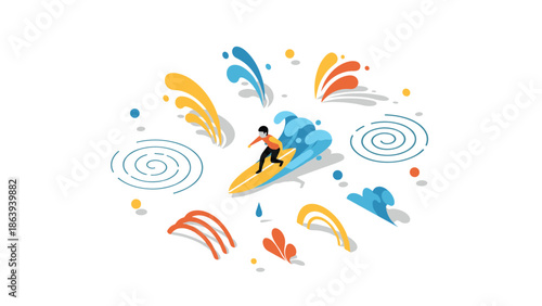 Colorful isometric surfer riding waves with abstract splash elements